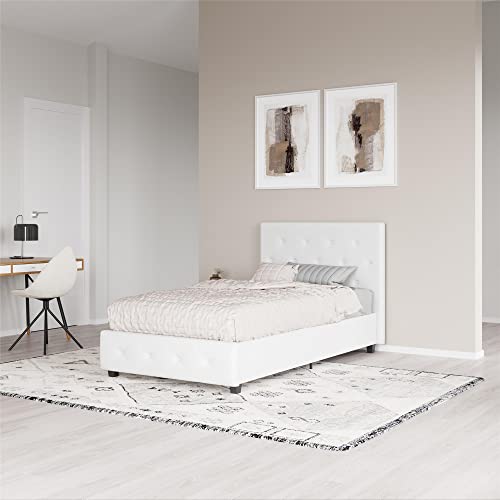 DHP Dakota Upholstered Platform Bed with Diamond Button Tufted Headboard and Footboard, No Box Spring Needed, Twin, White Faux Leather