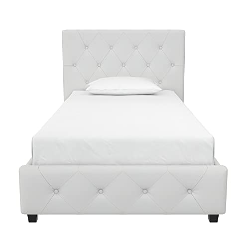 DHP Dakota Upholstered Platform Bed with Diamond Button Tufted Headboard and Footboard, No Box Spring Needed, Twin, White Faux Leather