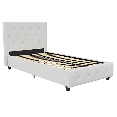 DHP Dakota Upholstered Platform Bed with Diamond Button Tufted Headboard and Footboard, No Box Spring Needed, Twin, White Faux Leather