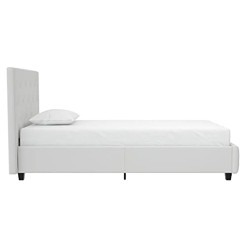 DHP Dakota Upholstered Platform Bed with Diamond Button Tufted Headboard and Footboard, No Box Spring Needed, Twin, White Faux Leather