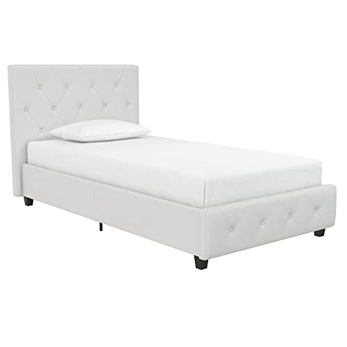 DHP Dakota Upholstered Platform Bed with Diamond Button Tufted Headboard and Footboard, No Box Spring Needed, Twin, White Faux Leather