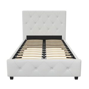 DHP Dakota Upholstered Platform Bed with Diamond Button Tufted Headboard and Footboard, No Box Spring Needed, Twin, White Faux Leather