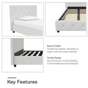 DHP Dakota Upholstered Platform Bed with Diamond Button Tufted Headboard and Footboard, No Box Spring Needed, Twin, White Faux Leather