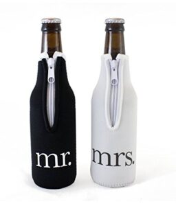 bridal shower gift mr and mrs wedding beer bottle coolies - (black and white) set of 2