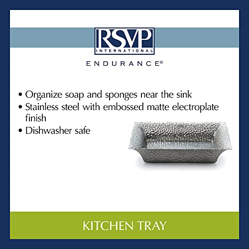 RSVP International Endurance Collection Stainless Steel Kitchen Counter Decor, Sponge & Dish Soap Sink Protector Tray/Holder, Dishwasher Safe, 8.25" Square, Embossed Matte Silver