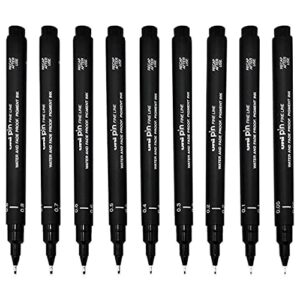 uni pin fineliner drawing pen - complete set of 9 grades - black ink