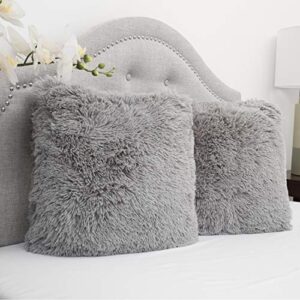 sweet home collection 2pk plush pillow faux fur - soft and comfy throw pillow - silver