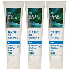 desert essence tea tree oil & mint toothpaste, peppermint, 6.25 oz (pack of 3) fluoride free, gluten free, vegan, non-gmo - with baking soda for deep cleaning & healthy teeth & gums, fresh breath