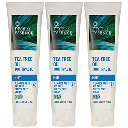 Desert Essence Tea Tree Oil & Mint Toothpaste, Peppermint, 6.25 oz (Pack of 3) Fluoride Free, Gluten Free, Vegan, Non-GMO - with Baking Soda for Deep Cleaning & Healthy Teeth & Gums, Fresh Breath