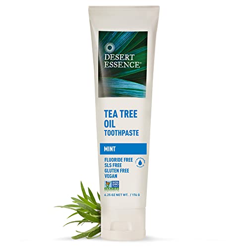 Desert Essence Tea Tree Oil & Mint Toothpaste, Peppermint, 6.25 oz (Pack of 3) Fluoride Free, Gluten Free, Vegan, Non-GMO - with Baking Soda for Deep Cleaning & Healthy Teeth & Gums, Fresh Breath