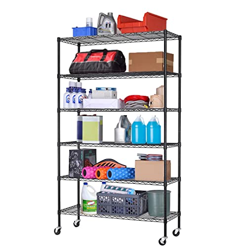 Storage Shelves 2100Lbs Capacity, 6-Shelf on Casters 48" L×18" W×72" H Commercial Wire Shelving Unit Adjustable Layer Metal Rack Strong Steel for Restaurant Garage Pantry Kitchen,Black