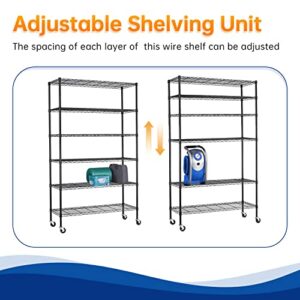 Storage Shelves 2100Lbs Capacity, 6-Shelf on Casters 48" L×18" W×72" H Commercial Wire Shelving Unit Adjustable Layer Metal Rack Strong Steel for Restaurant Garage Pantry Kitchen,Black