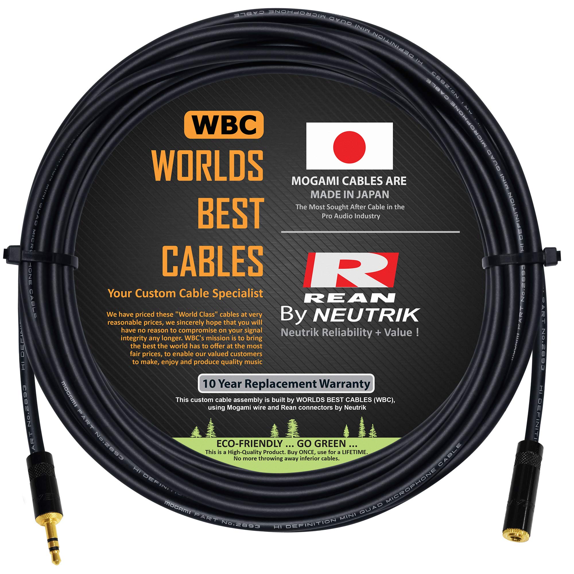 WORLDS BEST CABLES 20 Foot - Quad Balanced Headphone Extension Cable Custom Made Using Mogami 2893 Wire and Neutrik-Rean NYS231BG Male & NYS240BG Female 3.5mm Gold TRS Plugs