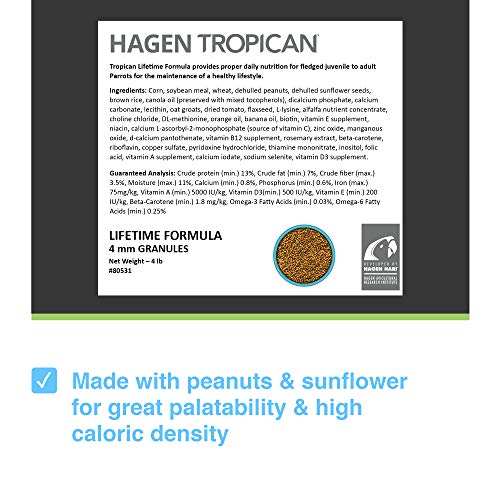 Hari Hagen Tropican Lifetime Formula Parrot Food, 4 lb Parrot Food with Peanuts & Sunflower Seeds and Balance Nutrition Levels