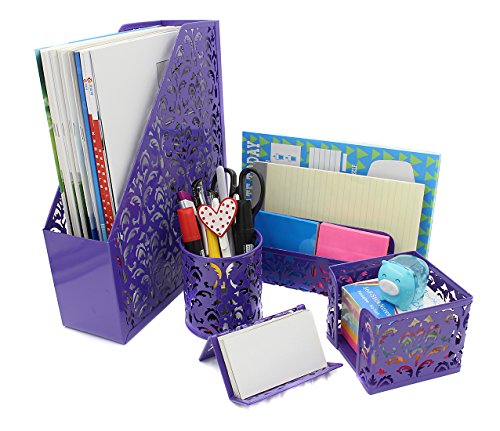 EasyPAG 5-Piece Desk Organizer and Accessories Set -Pencil Holder, Letter Sorter, File Holder,Business Card Holder and Sticky Note Holder,Purple