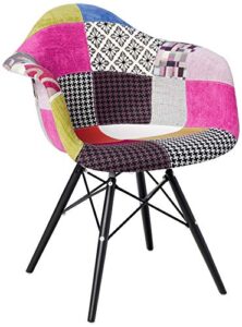 2xhome mid century modern arm chair with black wood legs, patchwork a fabric