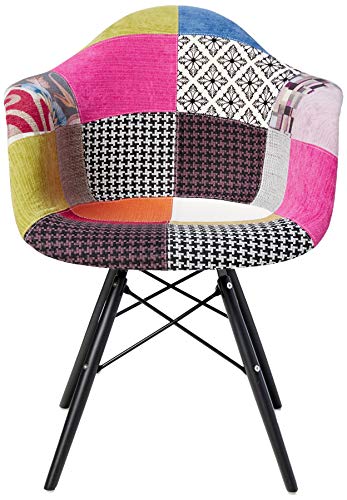 2xhome Mid Century Modern Arm Chair with Black Wood Legs, Patchwork A Fabric