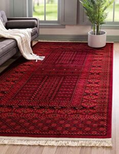 unique loom tekke collection over-dyed saturated traditional torkaman area rug, 5 x 8 ft, red/black