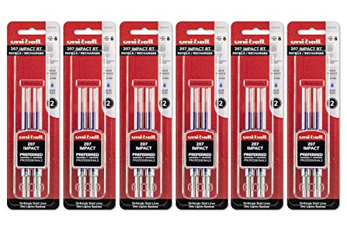 Uni-ball Signo Impact 207 RT Refills, Blue Ink, 1.0 Mm Bold Point, 6 Packs of Refills 65874 =12 refills