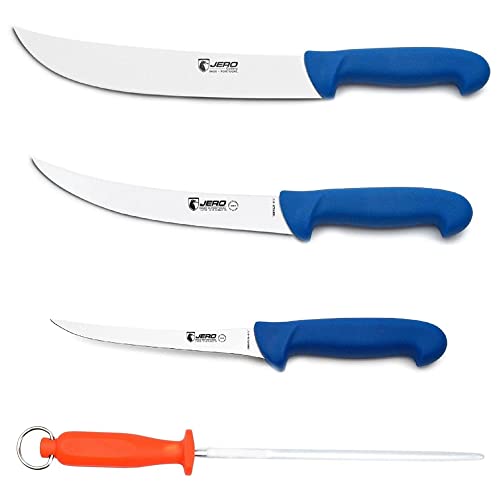 Jero 4 Piece P3 Butcher Meat Processing Set, Cimeter, Breaking, and Boning Knives - Includes Mundial Sharpening Steel