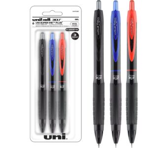 uni-ball 307 retractable gel pens, micro point (0.5mm), assorted, 3 count