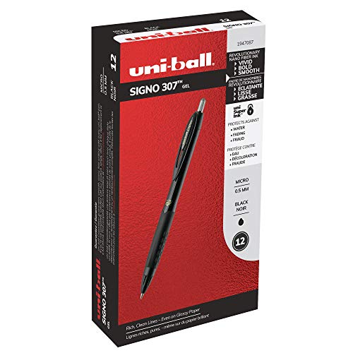 uni-ball 307 Retractable Gel Pens, Micro Point (0.5mm), Black, 12 Count