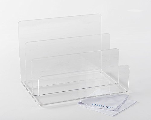 Unum Crystal Clear Acrylic Desktop File Sorter Holder - Lucite Mail, Paper, Folder, Letter Organizer – Makeup Palette Organizer - Thick Cast Acrylic 9" x 6.75" x 6.5"