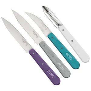 opinel les essentials small kitchen 4 piece knife set - paring knife, serrated knife, peeler, vegetable knife, corrosion resistant high carbon steel, made in france (art deco)