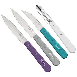 Opinel Les Essentials Small Kitchen 4 Piece Knife Set - Paring Knife, Serrated Knife, Peeler, Vegetable Knife, Corrosion Resistant High Carbon Steel, Made in France (Art Deco)