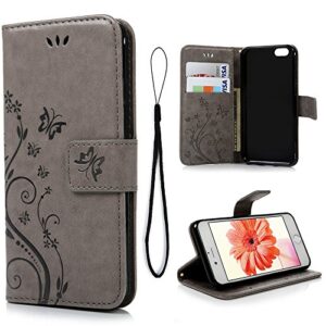 wallet case compatible with iphone 6, luxury pu leather butterfly embossed flip case with kickstand card holder, protective shockproof case wrist strap removable flip cover 4.7 inch