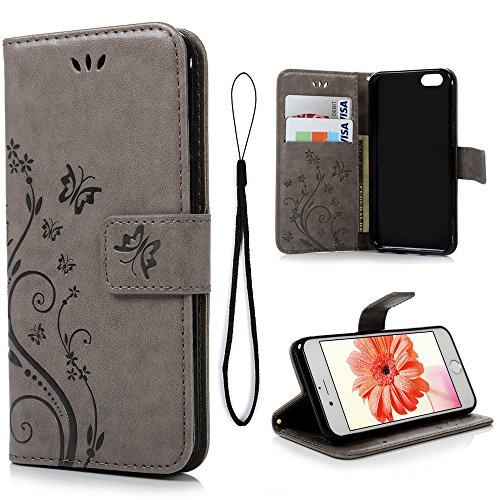 Wallet Case Compatible with iPhone 6, Luxury PU Leather Butterfly Embossed Flip Case with Kickstand Card Holder, Protective Shockproof Case Wrist Strap Removable Flip Cover 4.7 inch