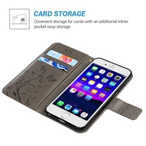 Wallet Case Compatible with iPhone 6, Luxury PU Leather Butterfly Embossed Flip Case with Kickstand Card Holder, Protective Shockproof Case Wrist Strap Removable Flip Cover 4.7 inch