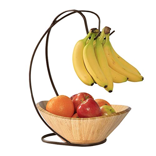 Seville Classics Premium Bamboo Fruit Bowl w/Steel Banana Tree Hook, Kitchen Counter Storage for Fruit, Vegetables, Mixed Nuts, 13" L x 11" W x 17.3" H