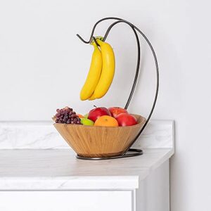 Seville Classics Premium Bamboo Fruit Bowl w/Steel Banana Tree Hook, Kitchen Counter Storage for Fruit, Vegetables, Mixed Nuts, 13" L x 11" W x 17.3" H