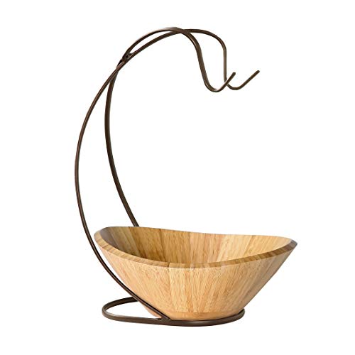 Seville Classics Premium Bamboo Fruit Bowl w/Steel Banana Tree Hook, Kitchen Counter Storage for Fruit, Vegetables, Mixed Nuts, 13" L x 11" W x 17.3" H