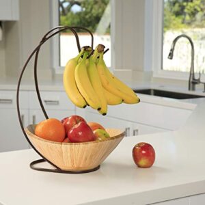 Seville Classics Premium Bamboo Fruit Bowl w/Steel Banana Tree Hook, Kitchen Counter Storage for Fruit, Vegetables, Mixed Nuts, 13" L x 11" W x 17.3" H