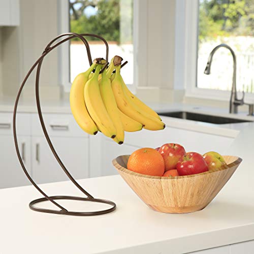 Seville Classics Premium Bamboo Fruit Bowl w/Steel Banana Tree Hook, Kitchen Counter Storage for Fruit, Vegetables, Mixed Nuts, 13" L x 11" W x 17.3" H