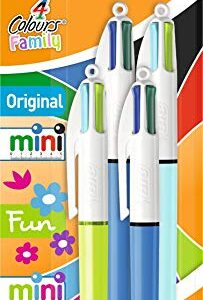 BIC 4 Colours Family Pen Pack - Variety Pack of 4 Pens Total (2 Original Size and 2 Mini Size) - Mix of Original and Fashion Colour Inks