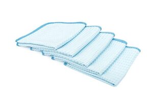 the rag company - dry me a river - professional korean 70/30 blend microfiber waffle-weave drying & detailing towels, soft suede edges, 390gsm, 16in x 16in, light blue (5-pack)