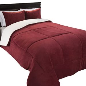 lavish home 3 piece sherpa/fleece comforter set - f/q - burgundy