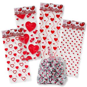 valentine cellophane bags 100 pack with twist ties valentines favor treat gift goodie cello bags for party candy cookies , 4 assorted styles