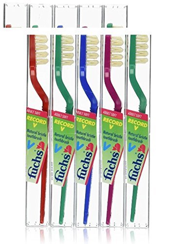 Fuchs Brushes Toothbrushes Pure Natural Boar Bristle Record V Adult Soft, (Pack of 5) - "Colors may vary"