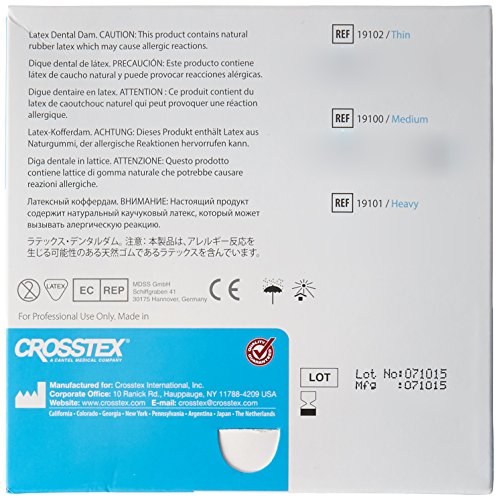 Crosstex 19100 Dental Dam, Latex, Unflavored, Medium Gauge, 5" x 5" Size, Blue (Pack of 52)