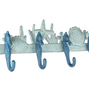 Blue and White Cast Iron Seahorses Decorative Wall Hook Nautical Sea Life Hanging Towel or Coat Rack Beach Home Coastal Accent Decor