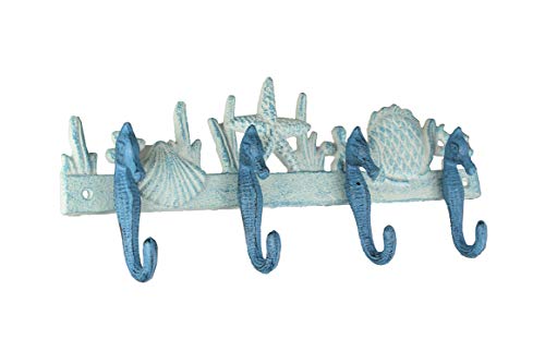 Blue and White Cast Iron Seahorses Decorative Wall Hook Nautical Sea Life Hanging Towel or Coat Rack Beach Home Coastal Accent Decor