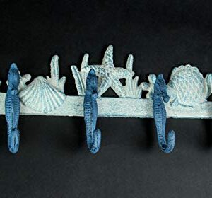 Blue and White Cast Iron Seahorses Decorative Wall Hook Nautical Sea Life Hanging Towel or Coat Rack Beach Home Coastal Accent Decor