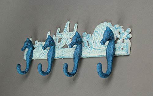 Blue and White Cast Iron Seahorses Decorative Wall Hook Nautical Sea Life Hanging Towel or Coat Rack Beach Home Coastal Accent Decor