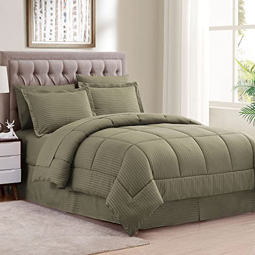 Queen Comforter Set 8 Piece Bed in a Bag with Bed Skirt, Fitted Sheet, Flat Sheet, 2 Pillowcases, 2 Pillow Shams, Queen, Dobby Sage