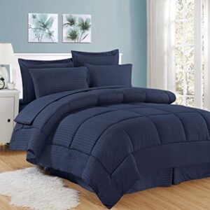sweet home collection 8 piece bed in a bag with dobby stripe comforter, sheet set, bed skirt, and sham set - king - navy