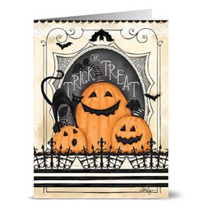note card cafe halloween cards with tangerine zest envelopes | 24 pack | trick or treat jack-o-lanterns design | blank inside, glossy finish | greeting, pumpkin, fall